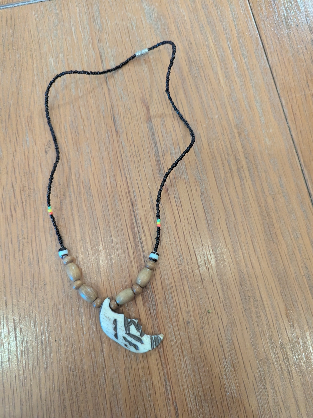 Black Beaded Rasta Necklace with Carved White Crescent Pendant